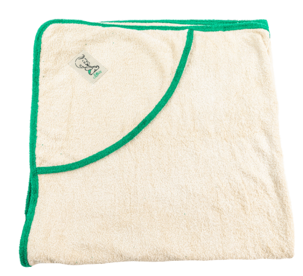 Natur Kapuzenbadetuch mit grünem Saum aus 100% kbA-Baumwoll Frottee